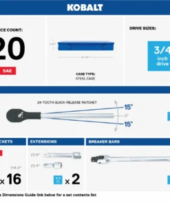 Kobalt Mechanics Tool Sets 3/4-in Drive 20-Piece Standard (SAE) Matte Mechanics Tool Set (3/4-in;) -Kobalt Shop 47737803 scaled